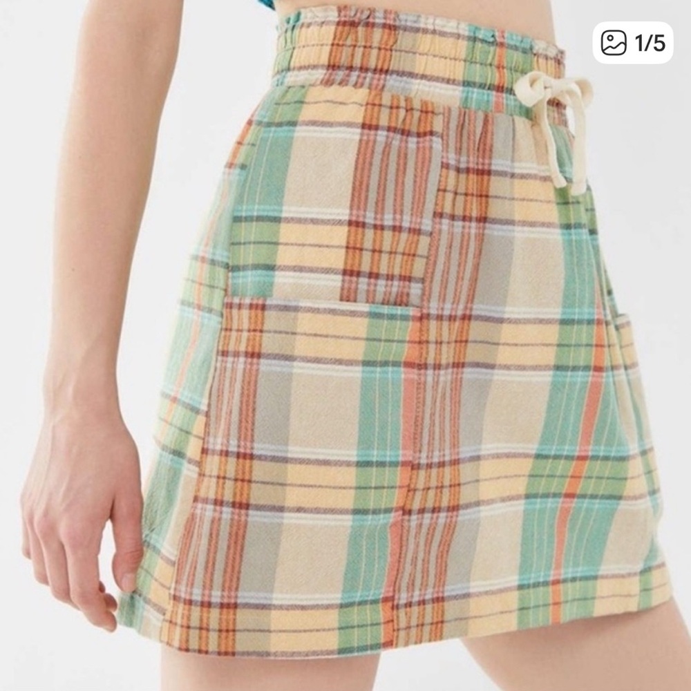 Cute Urban Outfitters Yellow green plaid mini skirt spring 100% cotton indie